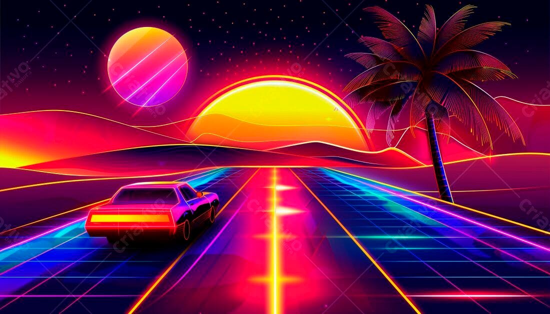 Carro retrô em estrada neon ao pôr do sol