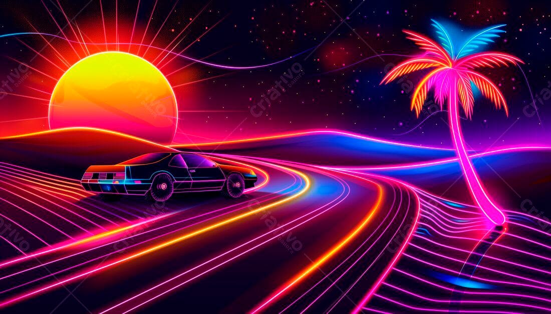 Carro esportivo em estrada neon ao pôr do sol