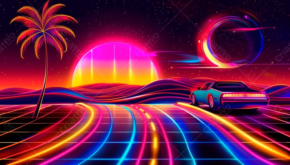 Carro retrô em estrada neon ao pôr do sol