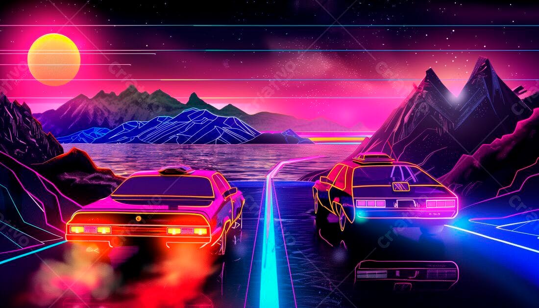 Carros Anos 80 em estrada neon ao pôr do sol