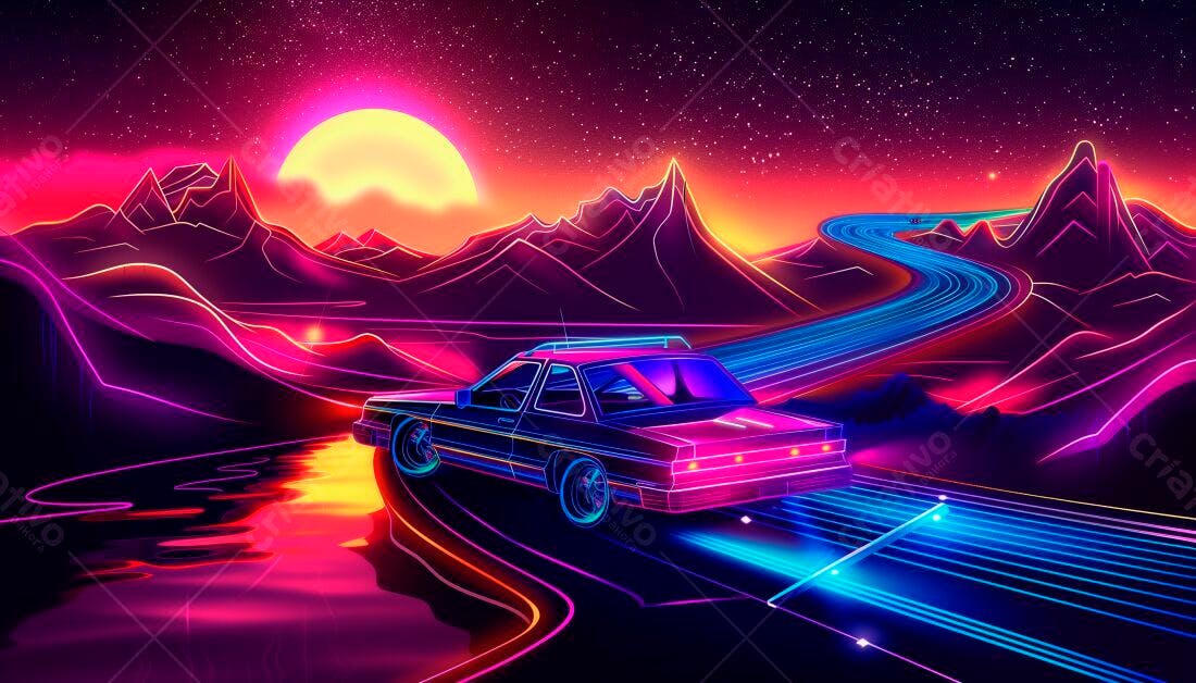 Carro retrô em estrada neon ao pôr do sol