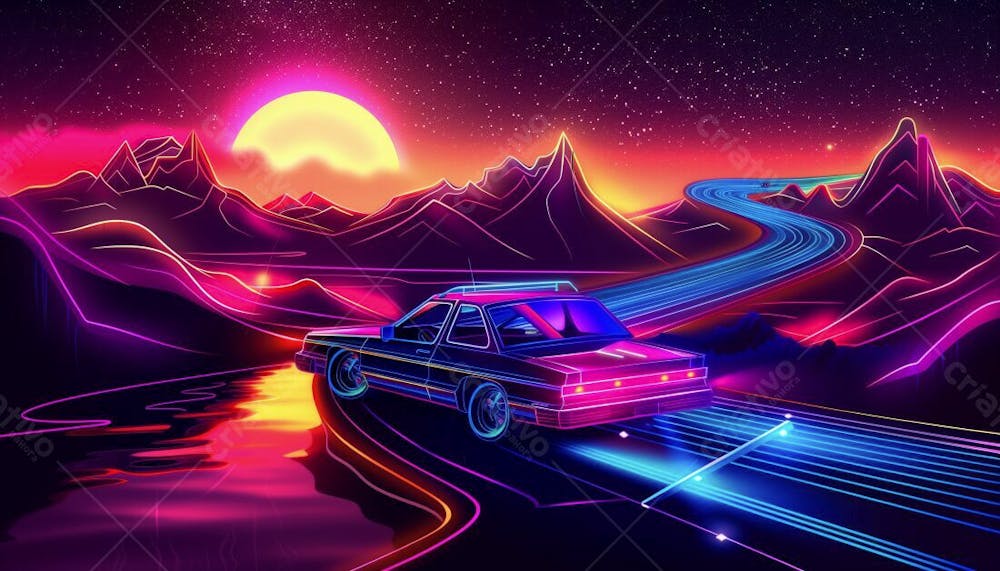 CARRO FUTURISTA NA ESTRADA COM LUZES NEON E UM POR DO SOL | IMAGEM
