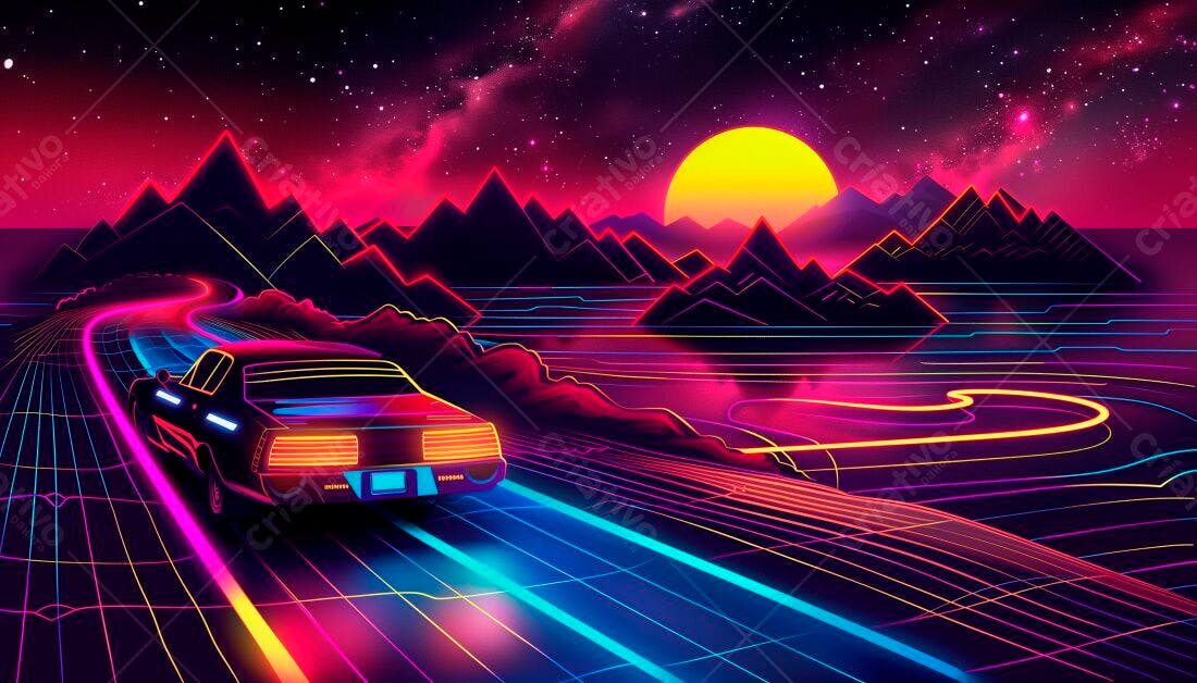 Carro retrô em estrada neon ao pôr do sol