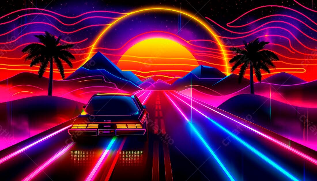 Carro retrô em estrada neon ao pôr do sol