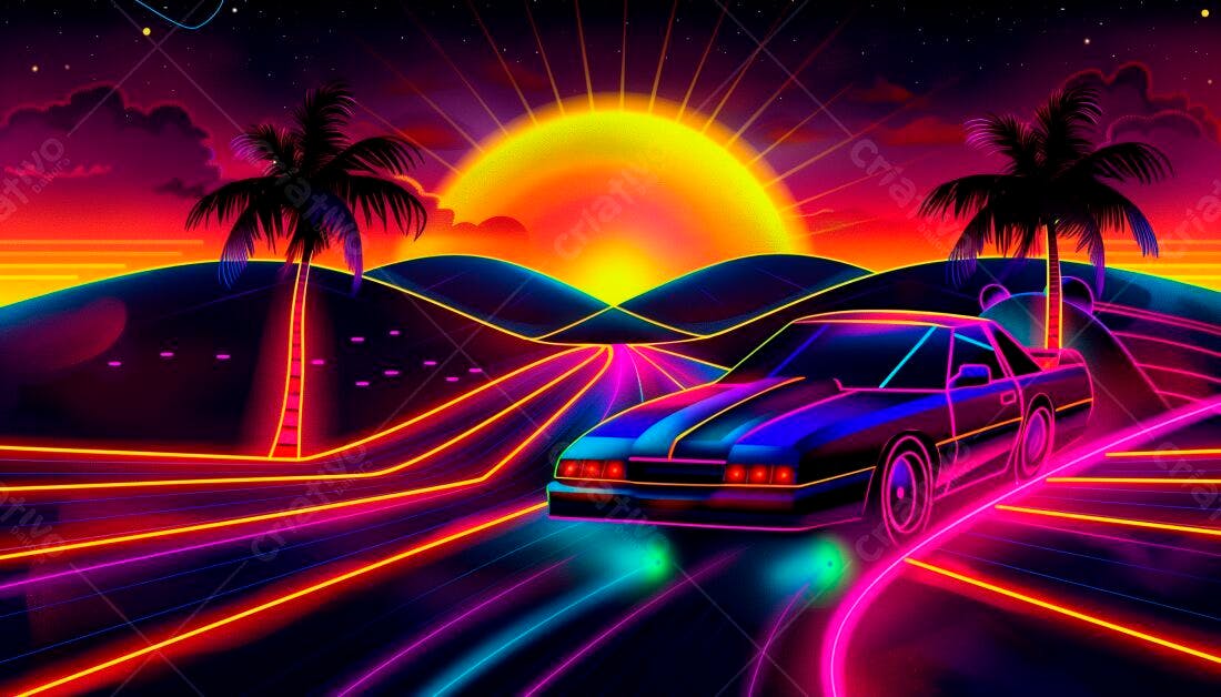 Carro esportivo neon em estrada tropical ao pôr do sol