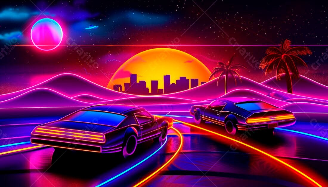 Carros Anos 80 em estrada neon ao pôr do sol