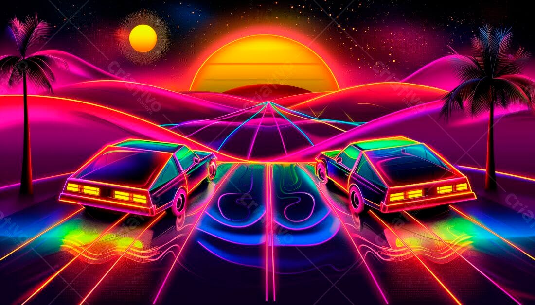 Carros 80s em estrada neon ao pôr do sol