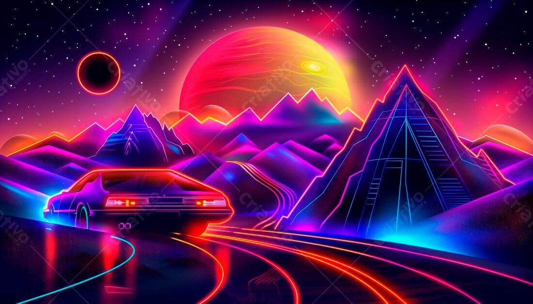 Carro futurista em paisagem neon noturna