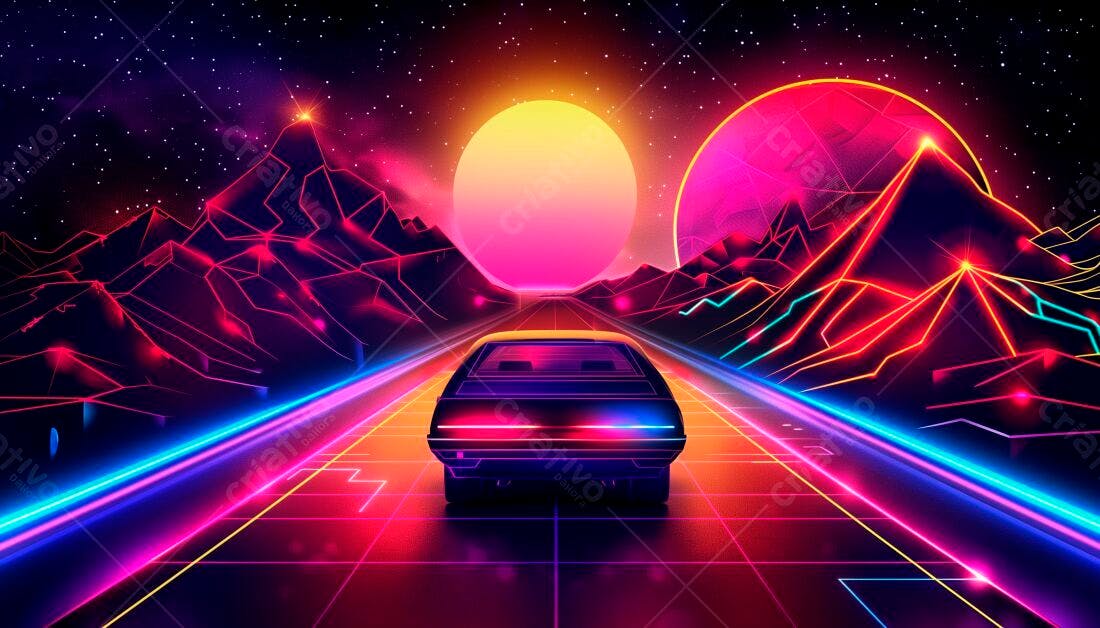 Carro futurista em estrada neon noite