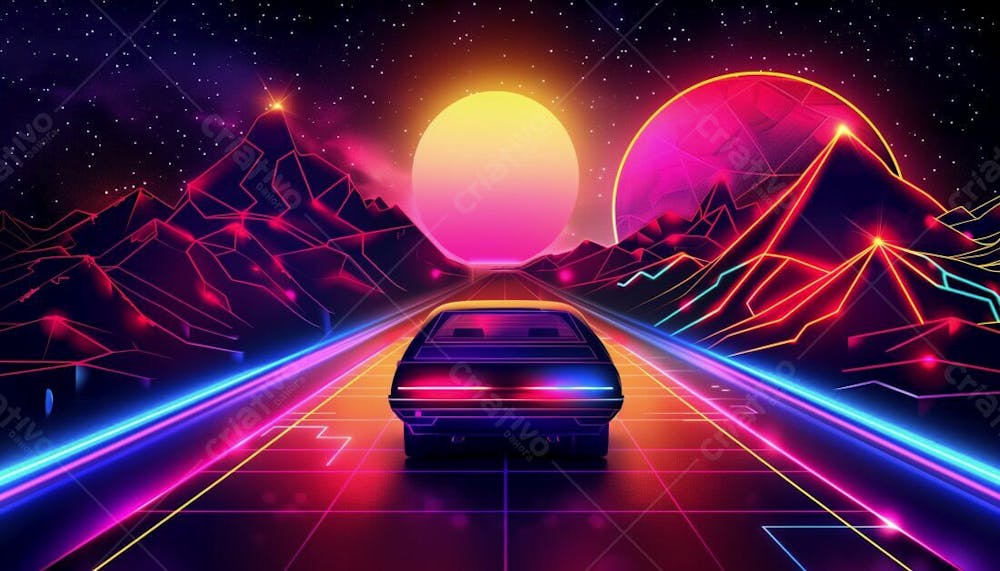 CARRO FUTURISTA NA ESTRADA COM LUZES NEON E UM POR DO SOL | IMAGEM