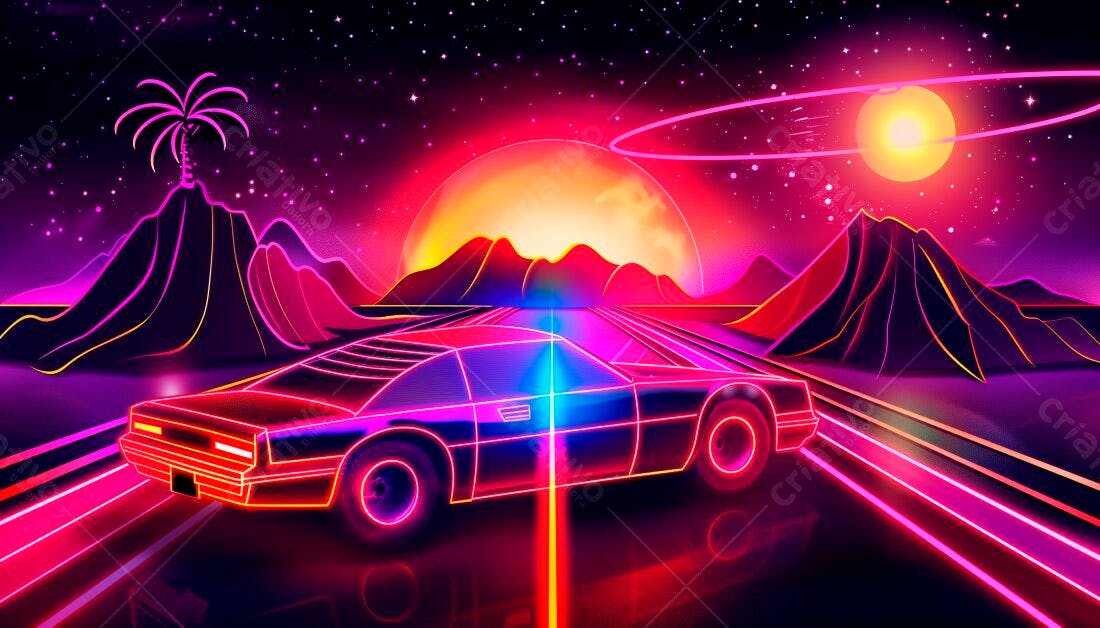 Carro futurista em estrada neon ao pôr do sol