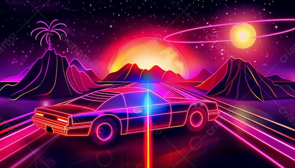 CARRO FUTURISTA NA ESTRADA COM LUZES NEON E UM POR DO SOL | IMAGEM