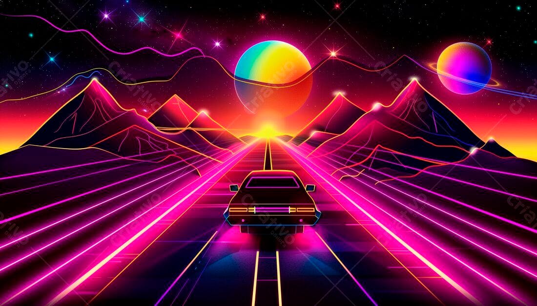 Carro futurista em estrada neon paisagem 80s