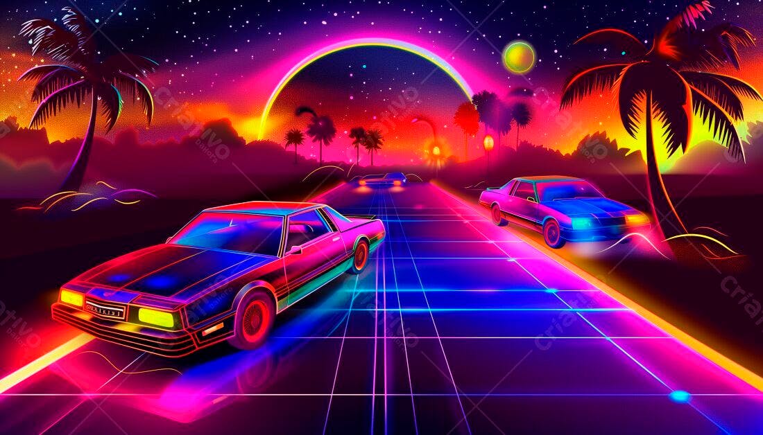 Carros Anos 80 em estrada neon noturna