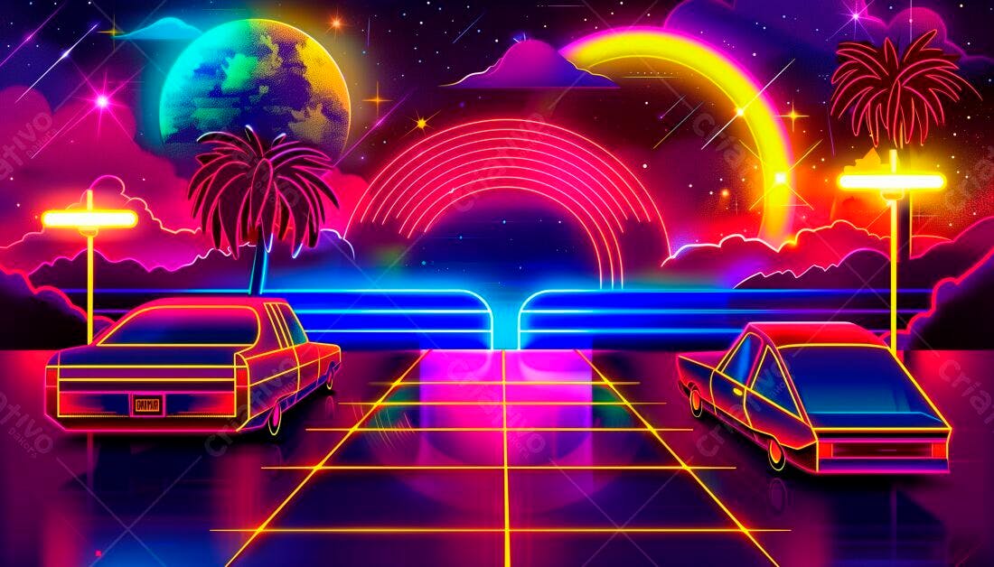 Paisagem Neon Retrô com Carros Anos 80