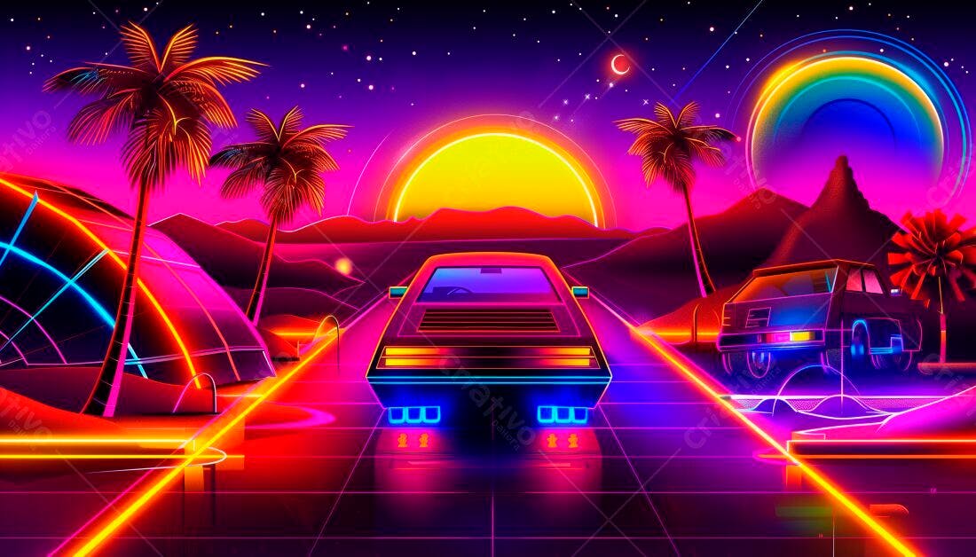 Carros anos 80 em paisagem neon