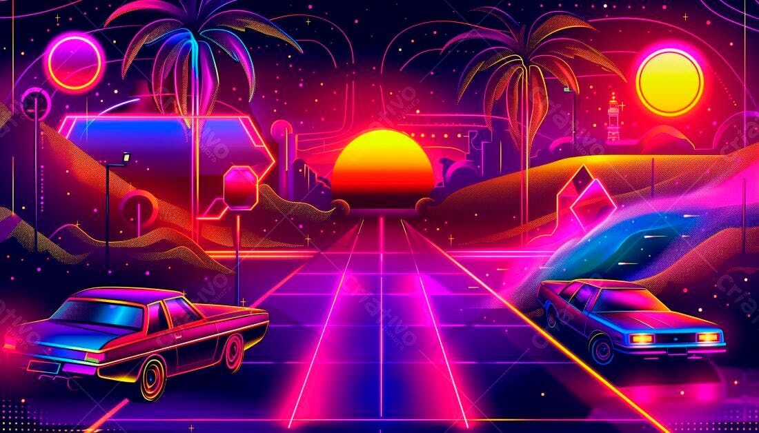 Carros retrô em estrada neon ao pôr do sol