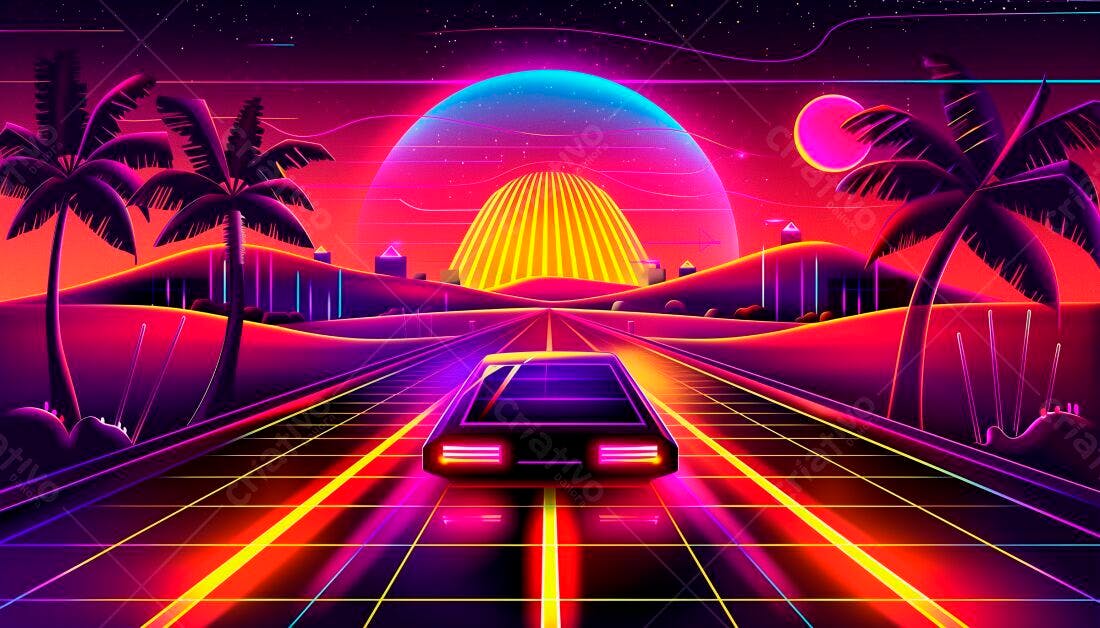 Carro futurista em estrada neon ao pôr do sol