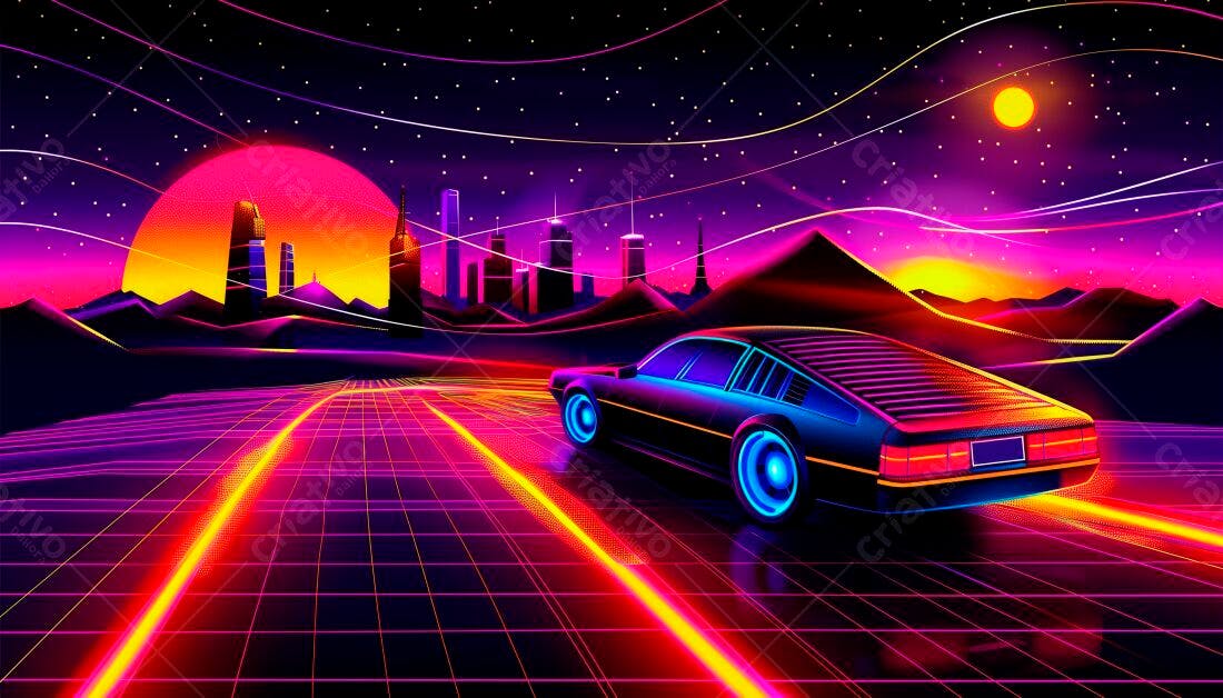 Carro futurista em estrada neon noturna