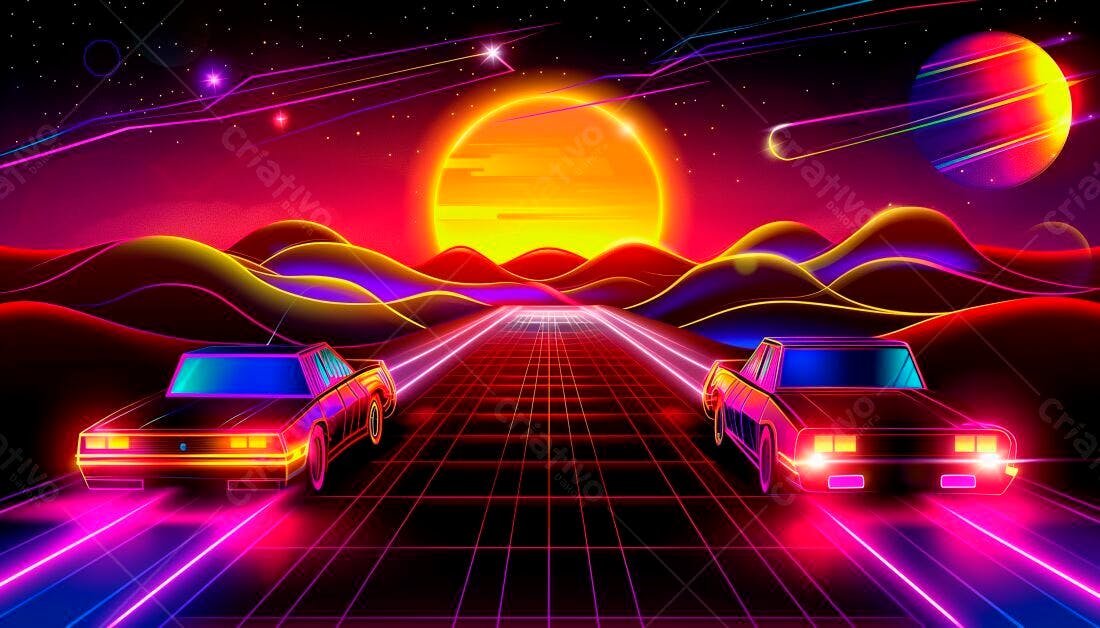Carros retrô em estrada neon ao pôr do sol