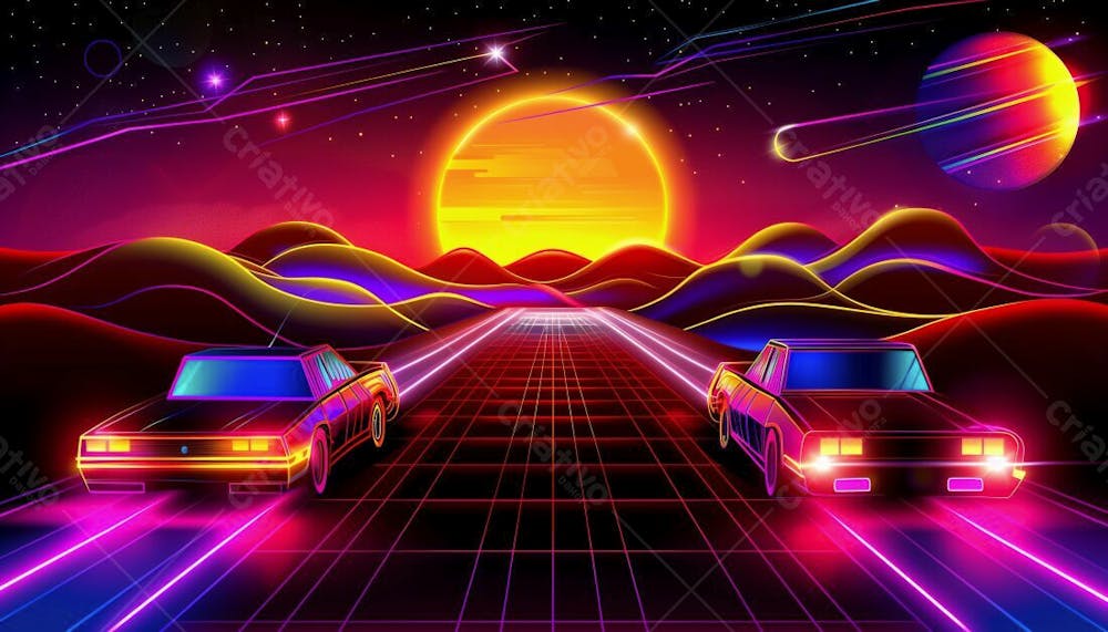 CARRO FUTURISTA NA ESTRADA COM LUZES NEON E UM POR DO SOL | IMAGEM