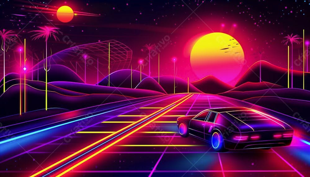 CARRO FUTURISTA NA ESTRADA COM LUZES NEON E UM POR DO SOL | IMAGEM