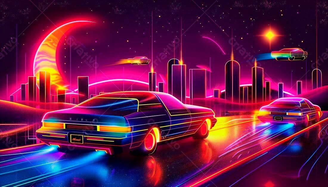 Carros futuristas em estrada noturna neon