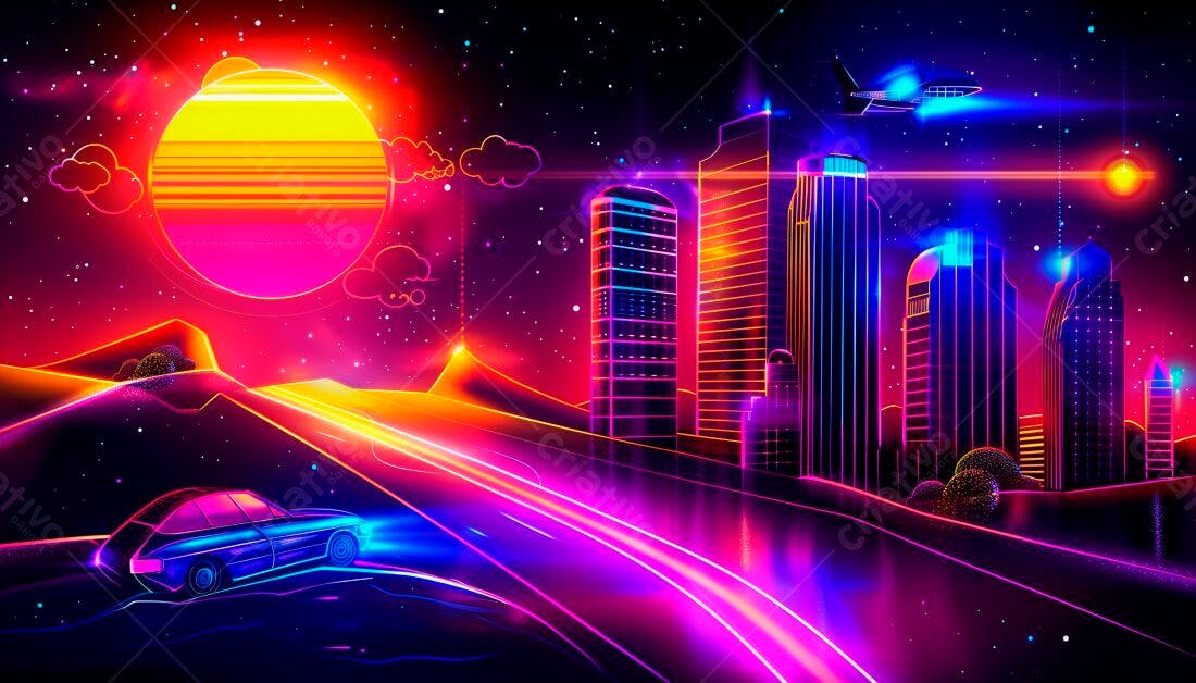 Cidade Neon Retrô Carro Noturno