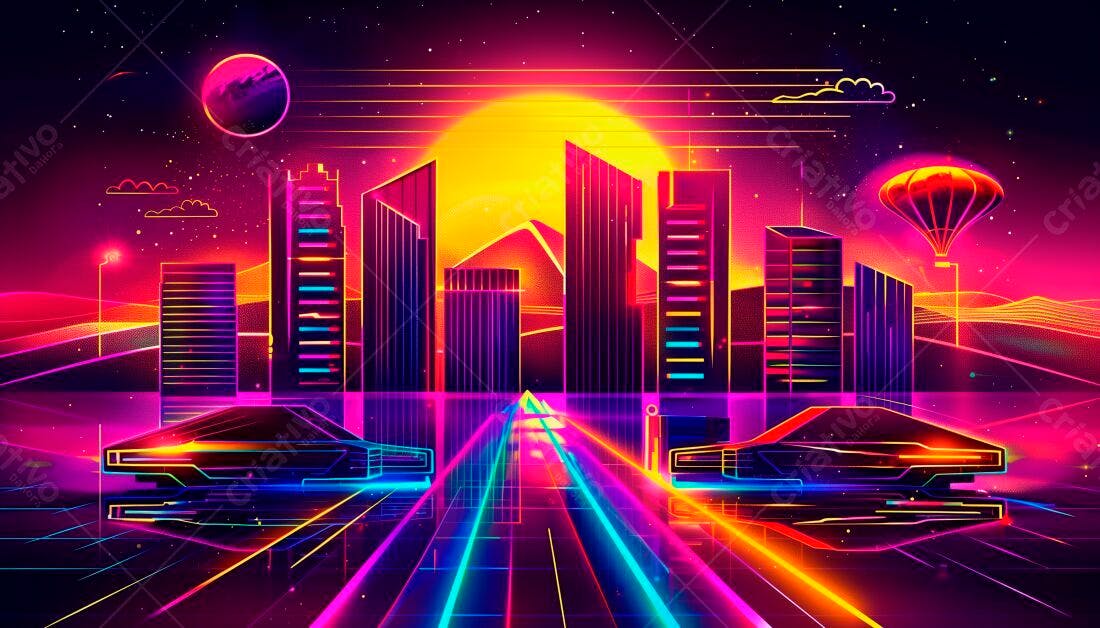 Cidade Neon Retrô com Carros Voadores