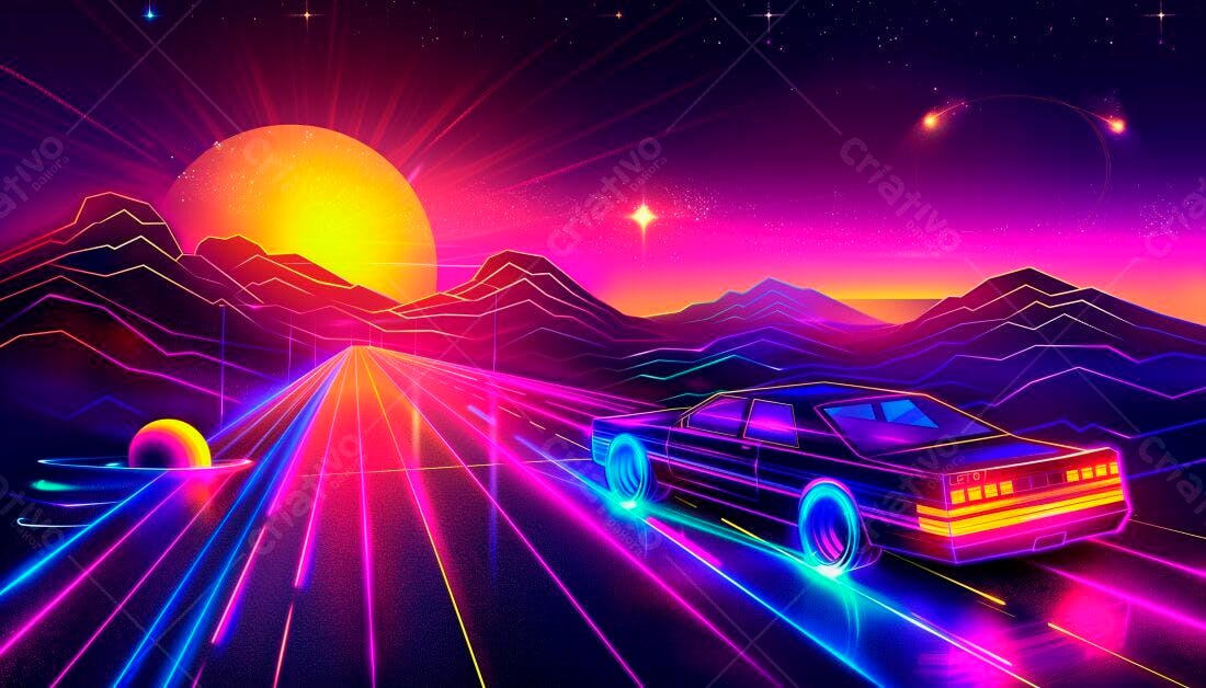 Carro esportivo neon em estrada futurista