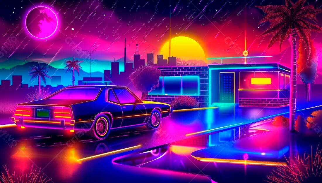 Carro retrô em noite neon