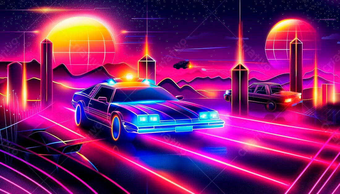 Carro futurista em estrada neon anos 80
