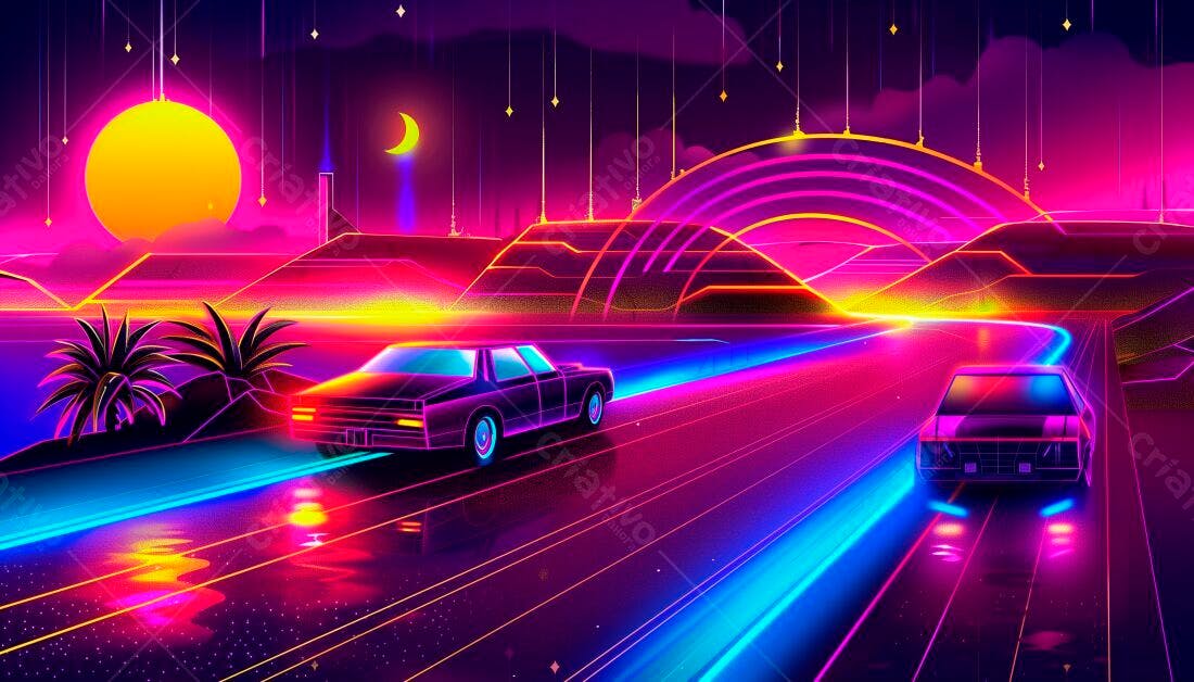 Carros Clássicos em Estrada Neon Noturna