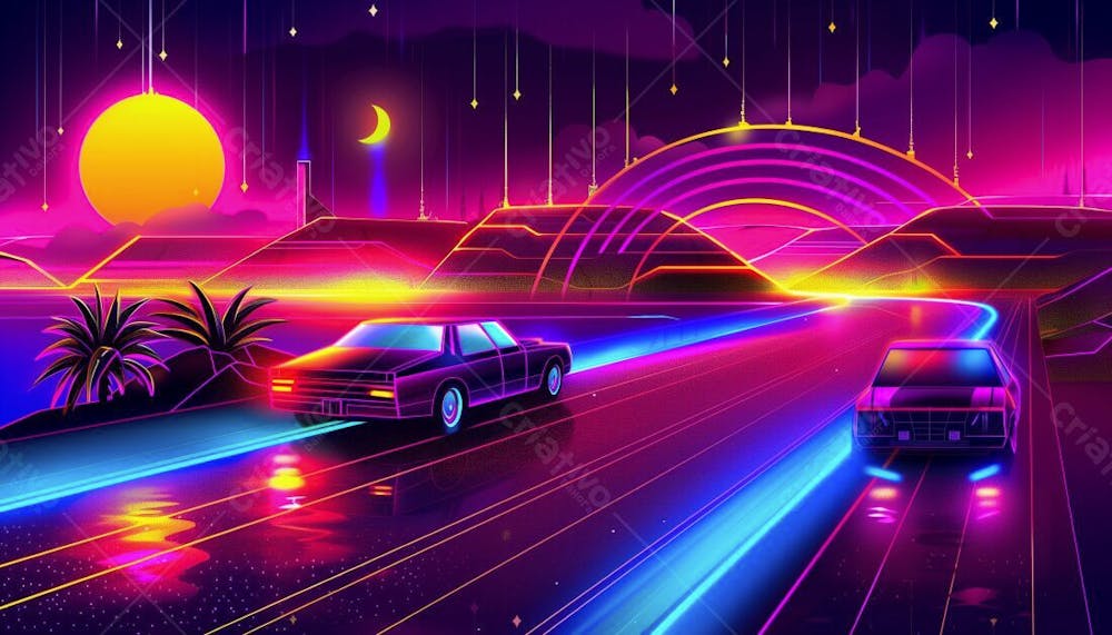 CARRO FUTURISTA NA ESTRADA COM LUZES NEON E UM POR DO SOL | IMAGEM