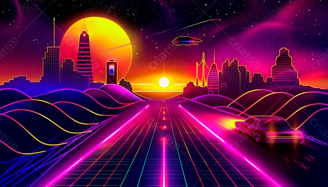 Estrada Neon Retrô com Carro no Pôr do Sol