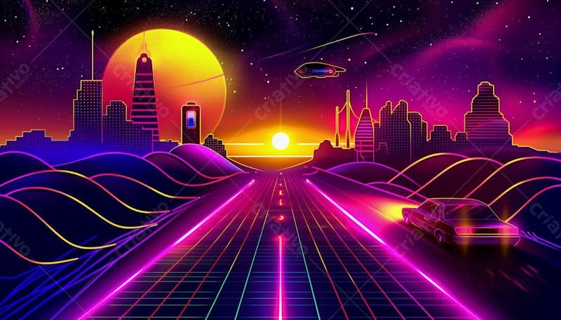 Carro futurista na estrada com luzes neon e um por do sol | imagem