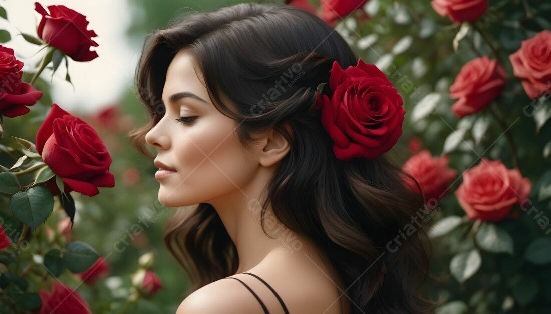 Mulher com Rosa Vermelha em Jardim