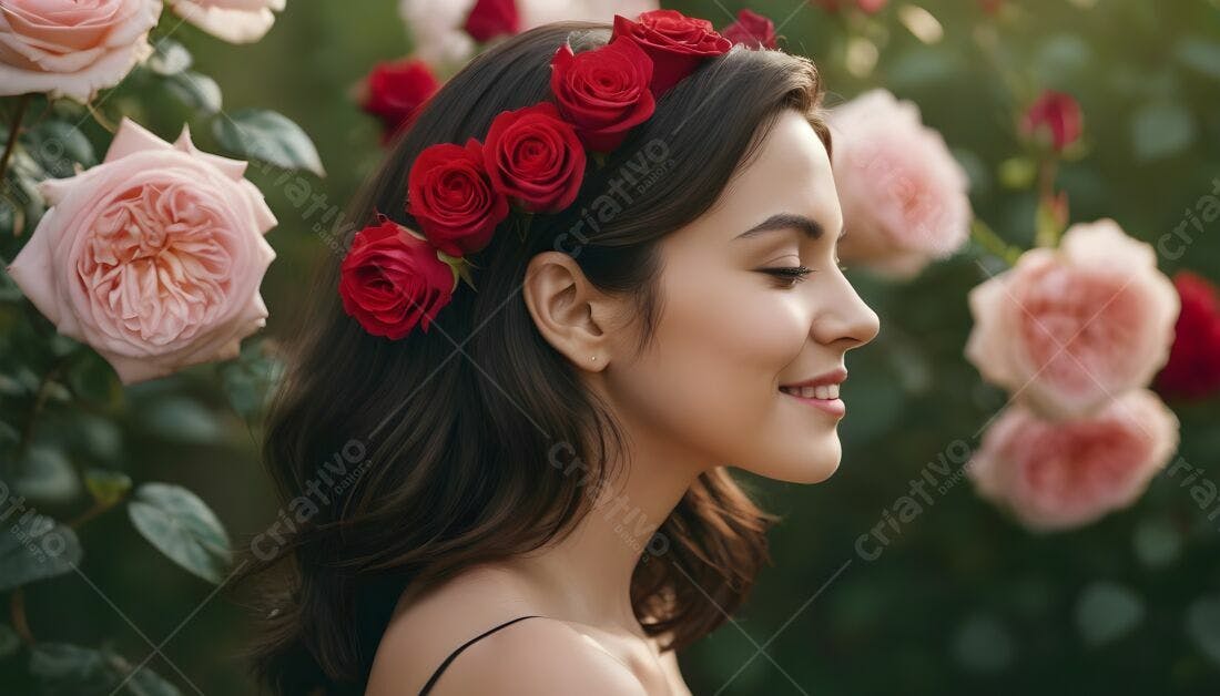 Mulher sorrindo com coroa de rosas vermelhas
