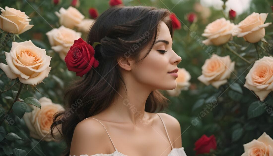 Modelo em jardim de rosas vermelhas e creme