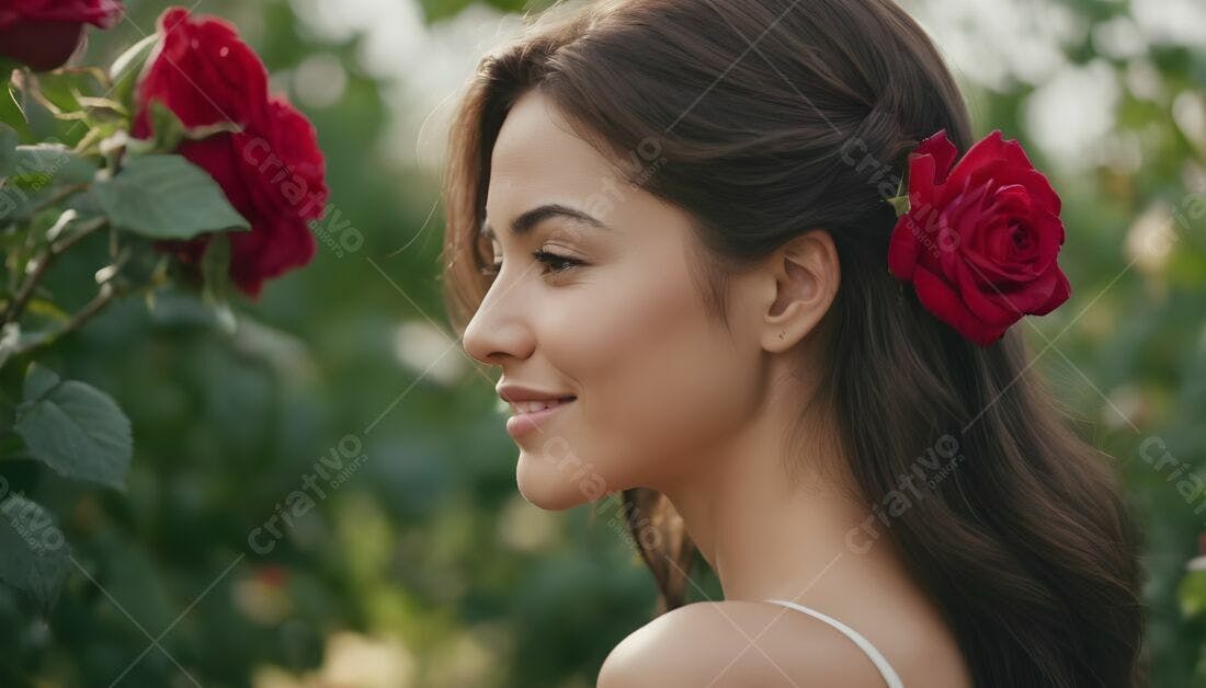 Mulher sorridente com rosa no jardim