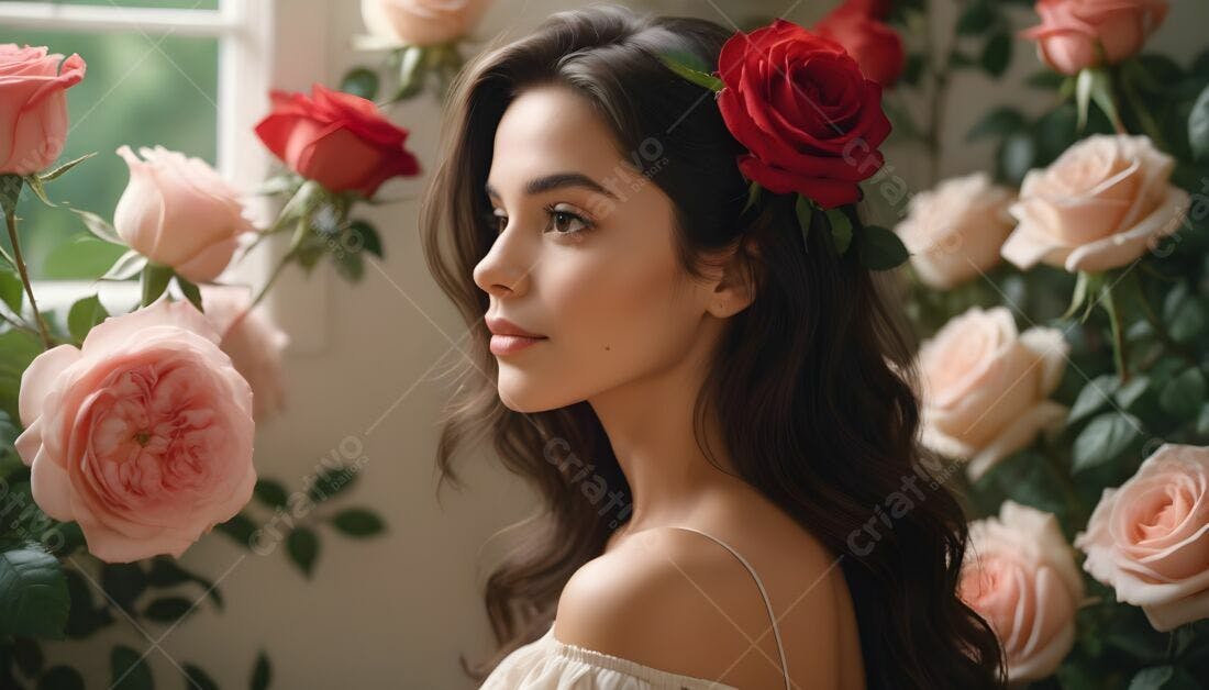 Modelo com rosas rosa e vermelha