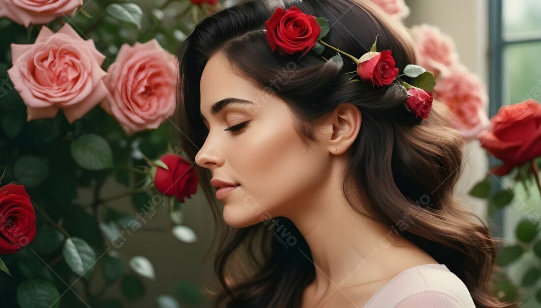 Mulher com rosas no cabelo jardim romântico