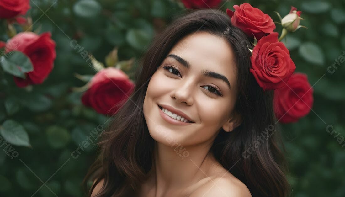 Mulher sorridente com rosas vermelhas no jardim
