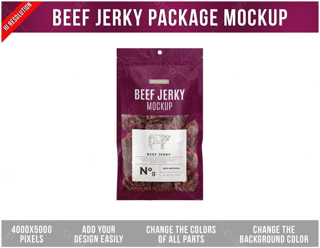 Mockup de Embalagem de Carne Seca: Design Moderno e Realista