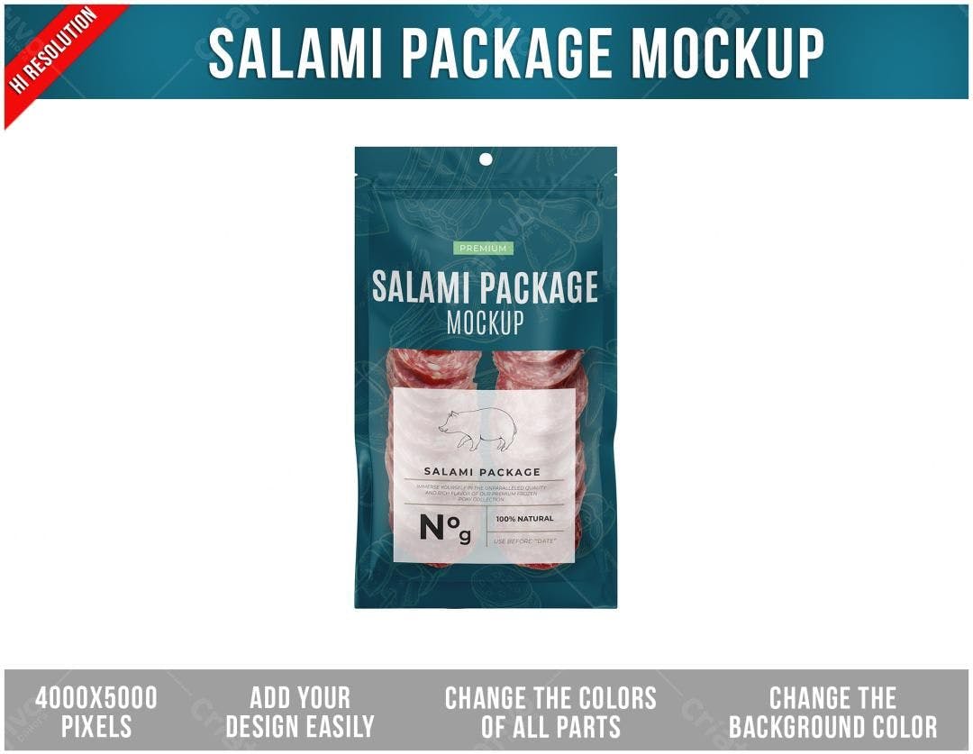 Mockup Embalagem Salame: Design Realista em Azul e Verde