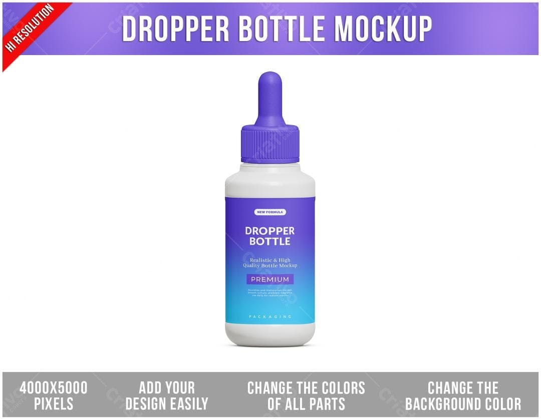 Mockup Realista de Frasco Gotas: Design Moderno em Tons Roxo e Azul
