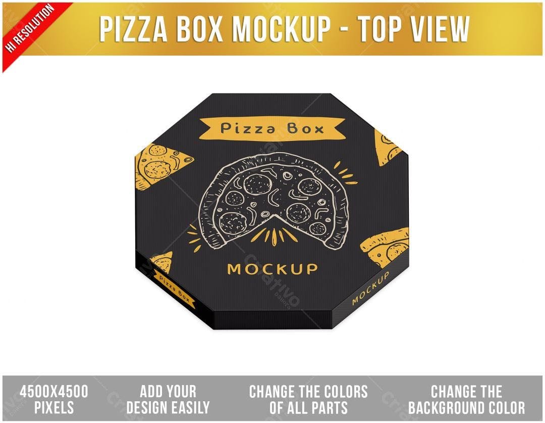 Mockup Caixa Pizza Preto e Dourado - Vista Superior