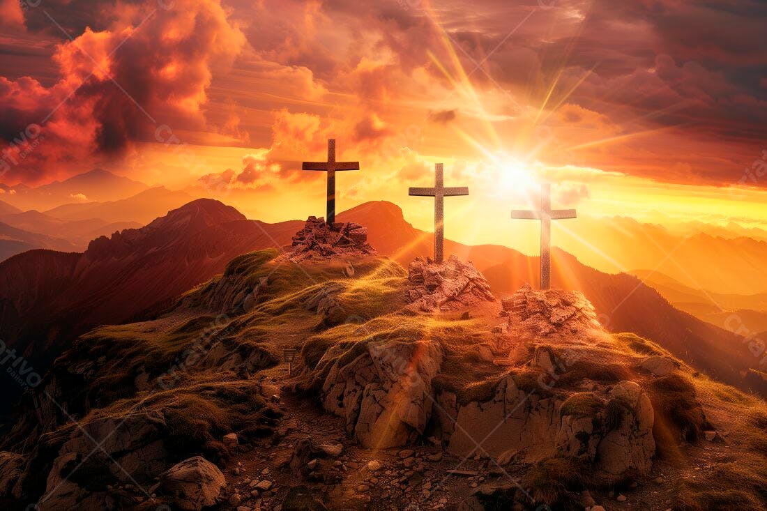 Três cruzes ao pôr do sol montanhoso