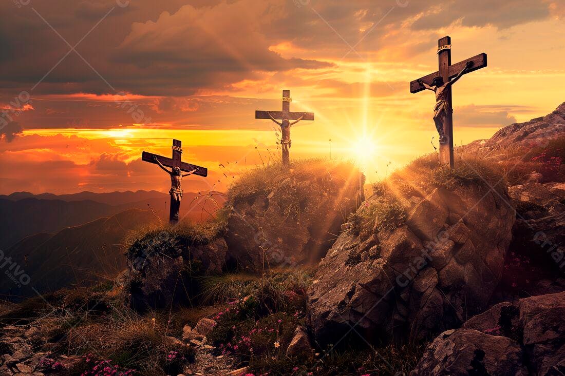 Crucificação ao Pôr do Sol Montanhoso