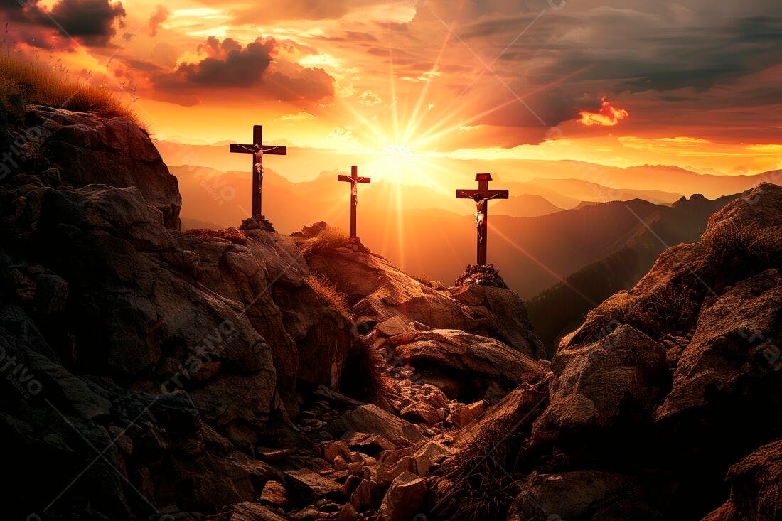 Três Cruzes no Pôr do Sol Montanhoso